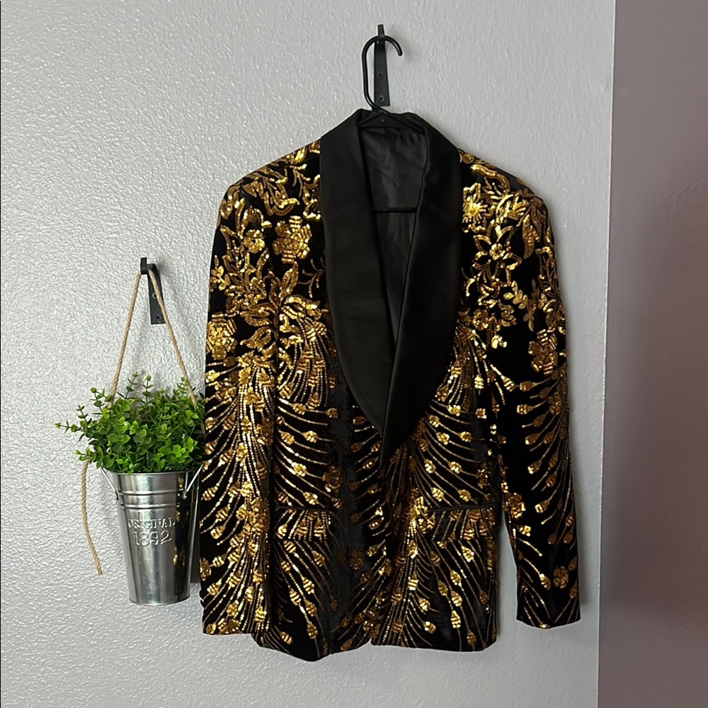 Black Velvet & Gold Sequin Blazer – Fits Like a Size 8